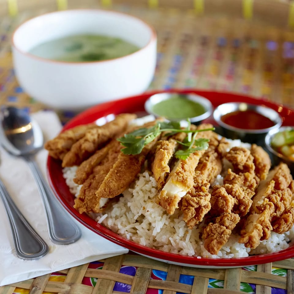 Crispy fried chicken over white rice with dipping sauces, a side of soup, and cutlery.