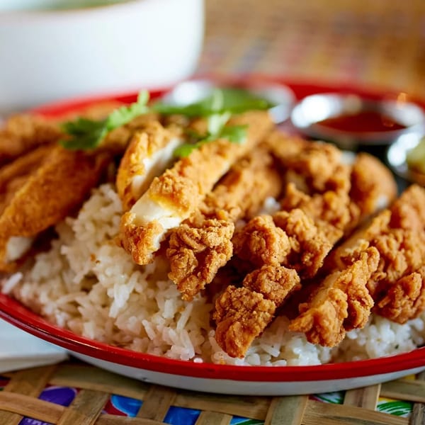 Crispy fried chicken pieces and popcorn chicken served over white rice with sauces and salad.